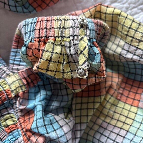GANNI Shirred Puff Sleeve Seersucker Top in Pastel Check - US 4 (S) - Picture 7 of 16